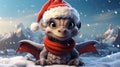 Cute baby dragon at Christmas night, portrait of smiling fairy animal in winter forest. Happy character on sky background. Concept