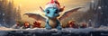 Cute baby dragon with gifts on Christmas, funny animal sits on roof in winter. Panoramic banner with happy character on snow.