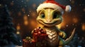 Cute baby dragon and snow in winter on Christmas, funny smiling animal in Santa hat on dark background. Happy character with gifts