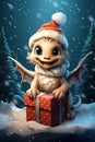 Cute baby dragon in winter on Christmas, funny smiling animal in Santa hat on snow background. Happy character with gifts for