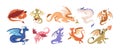 Cute baby dragons set. Happy funny fairytale animals. Flying dinosaurs with wings. Adorable friendly fantasy monsters