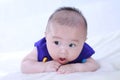 A cute baby dressed in blue and lying on the bed.