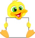 Cute baby duck cartoon and blank sign Royalty Free Stock Photo
