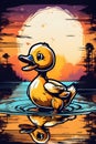 A cute baby duckling on a lake with vintage retro sunset distressed, t-shirt design, cartoon style, animal, neon ambience