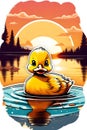 A cute baby duckling swimming on a lake with retro sunset design, t-shirt design, stickers, cartoon, animal, white background