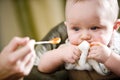 Cute baby eating solid food from a spoon Royalty Free Stock Photo