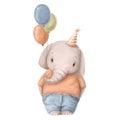 Cute baby elephant with air balloons, watercolor illustration, holiday clipart with cartoon character Royalty Free Stock Photo