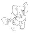 cute baby elephant with a broom, sweeping up the trash