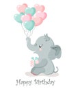 Cute baby elephant character with heart shaped balloons. Happy birthday card, kids illustration Royalty Free Stock Photo