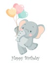 Cute baby elephant character with heart shaped balloons. Happy birthday card, kids illustration Royalty Free Stock Photo