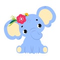 Cute Baby Elephant Character With Trunk And Flower On Head Sitting Vector Illustration