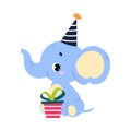 Cute Baby Elephant Character With Trunk Sit In Birthday Hat With Gift Box Vector Illustration