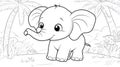 Cute Baby Elephant Outline, Black and White, Cartoon Coloring Page Royalty Free Stock Photo