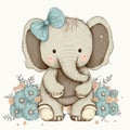 Cute Baby Elephant Floral, Wildlife, Innocent, Playful, Charming, Spring Flowers,