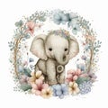 Cute Baby Elephant Floral, Wildlife, Innocent, Playful, Charming, Spring Flowers,