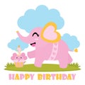 Cute baby elephant with her birthday cake cartoon illustration for Happy Birthday card design Royalty Free Stock Photo