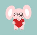 Cute baby elephant holding a big red heart, romantic cartoon character for Valentine`s day, date, postcards. Isolated flat vector Royalty Free Stock Photo