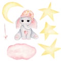 Cute baby elephant in nightcap hand drawn watercolor illustrations set