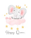 Cute baby elephant queen girl with crown in pink sitting on cloud, nursery watercolour cartoon drawing illustration