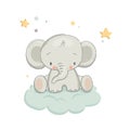 Cute baby elephant sitting on the cloud, vector hand drawn illustration. Royalty Free Stock Photo