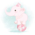 Cute baby elephant standing on ball hand drawn cartoon carnival watercolor illustration