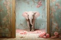Cute baby elephant standing in a room with cherry flowers, animal concept, pastel color Royalty Free Stock Photo