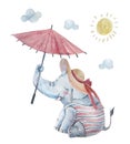 Cute baby elephant in swimsuite and large brimmed hat under sun isolated on background