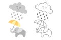 Cute baby elephant under rainy cloud - filled and outlined