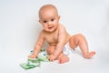 Cute baby with euro bills money - isolated on white Royalty Free Stock Photo