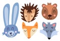 Cute baby faces of a hare, hedgehog, fox, wolf and bear. Funny cartoon style cute forest animals. Wild animals for printing on Royalty Free Stock Photo