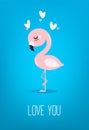 Cute baby flamingo with hearts on blue background. Happy Valentine`s day card