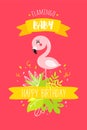 Cute baby flamingo with ribbon and tropical plants on red background. Happy Birthday card