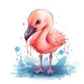 Cute Baby Flamingo On White Background Logo Digital Art. Generative AI