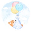 Cute Baby Fox with balloon newborn illustration Royalty Free Stock Photo