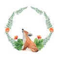 Cute baby fox in cloudberry and green twigs wreath. Kid watercolor illustration on white backrround. Royalty Free Stock Photo