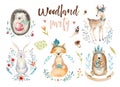 Cute baby fox, deer animal nursery rabbit and bear isolated illustration for children. Watercolor boho forestdrawing