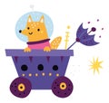 Cute baby fox on planet rover. Space exploration animal