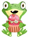 Cute baby frog holding a cupcake with the strawberries, illustration, vector Royalty Free Stock Photo