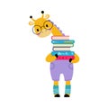 Cute baby giraffe holding stack of books. Funny smart wild African animal character. Kids education concept cartoon Royalty Free Stock Photo