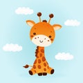 cute baby giraffe isolated on blue cloudy background flat illustration Royalty Free Stock Photo