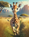 Cute baby giraffe smiling and running through the savannah