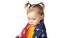 Cute baby girl with American flag isolated on white background. Little patriot. Happy Independence Day