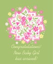 Cute baby girl arrival pastel card with greeting bouquet with pink and yellow daisy Royalty Free Stock Photo