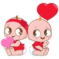 Cute baby girl and boy with red hearts. Cute Valentine day babies with red heart balloon. Vector illustration Royalty Free Stock Photo