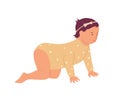 Cute baby girl crawling on floor. Cartoon toddler learning to walk. Isolated creeping adorable child in romper. Infant