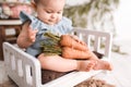 Cute baby girl on Easter set in a studio wearing a blue onsie Royalty Free Stock Photo