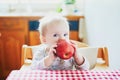 Cute baby girl eating apple in the kitchen Royalty Free Stock Photo