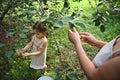 Cute baby girl with her mother picking cherries in orchard Royalty Free Stock Photo