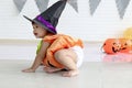 Cute baby girl kid dressing up in orange fancy Halloween pumpkin costume, cheerful little cute child wearing black witch hat ready Royalty Free Stock Photo