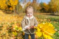 Cute baby girl with maple bouguet is in autumn forest.